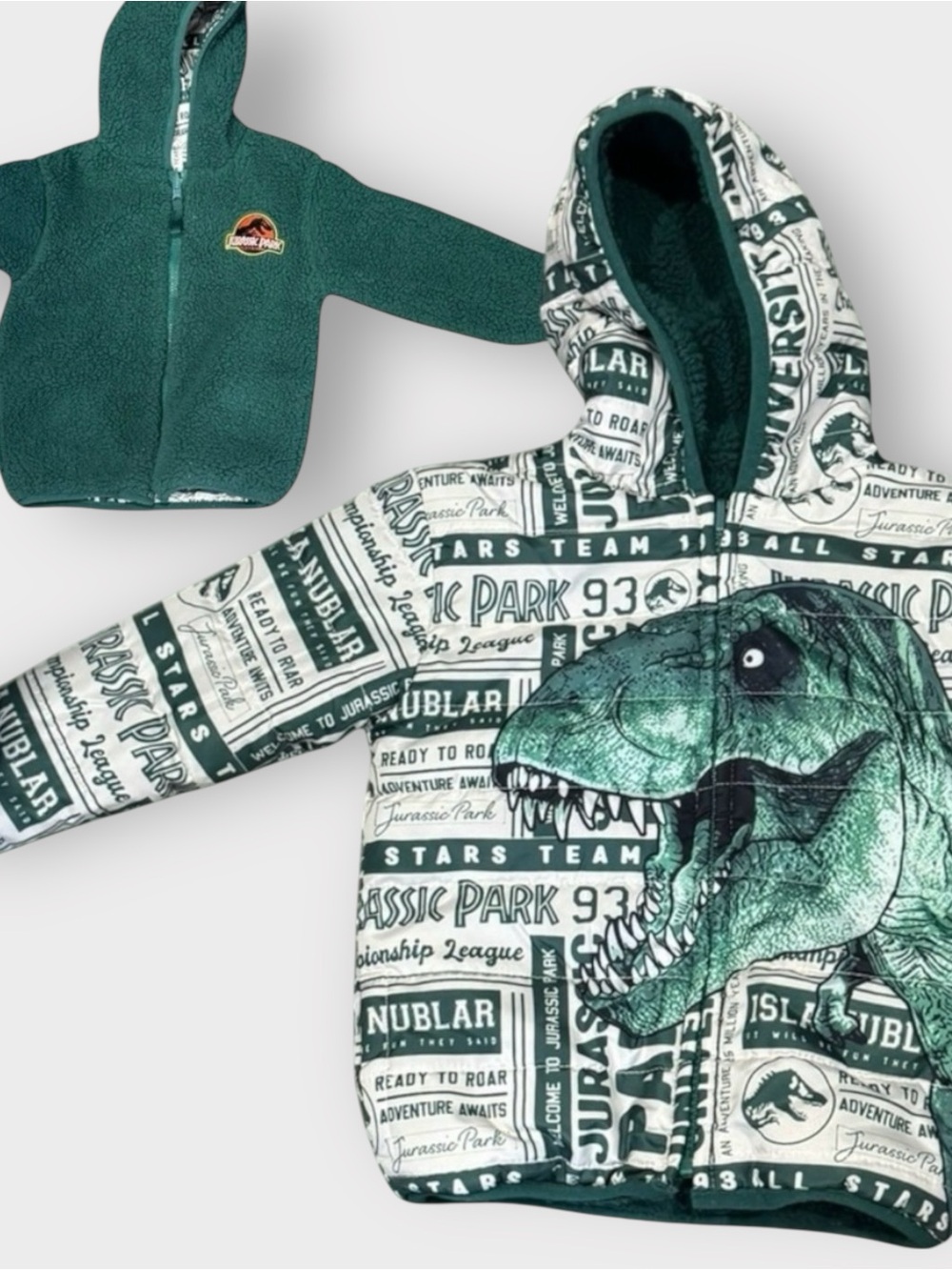 Jurassic Park Reversible Sherpa Jacket • Kids 2T • Hooded T-Rex Graphic Coat